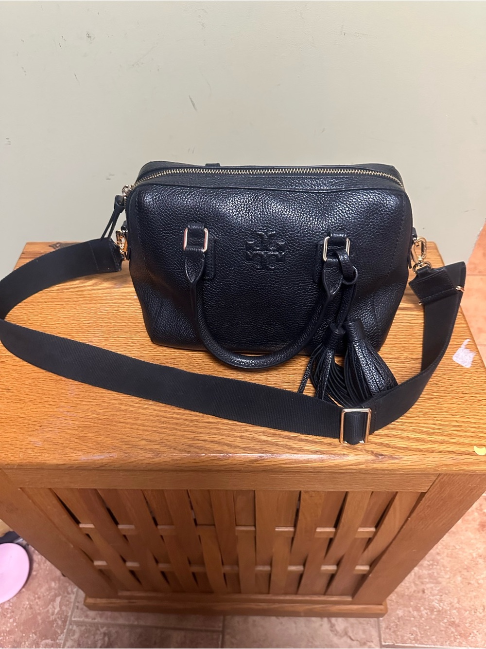 Tory Burch Black Pebbled Leather Crossbody Satchel with Tassel